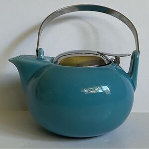 Teavana Teal Blue Teapot Porcelain Strainer Stainless Steel Handle EUC Tea Pot